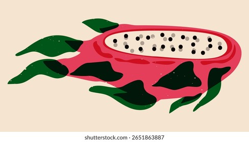 Fruta do dragão cortada ao meio. Exótico pitaya tropical fruta, pitahaya rosa maduro fresco com folhas verdes e espinhos, estilo de risografia alimentar orgânico saudável. Ilustração de desenho animado vetorial.