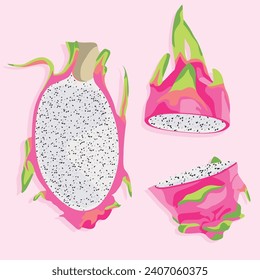 Dragon fruit cut into two parts and half of it with pulp. Realistic vector image of tropical fruits.