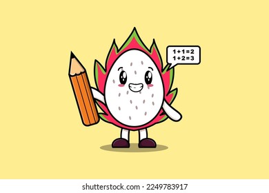 Dragon fruit cute cartoon clever student with pencil style design in flat modern style design