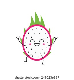 Dragon fruit cute character cartoon greeting smiling face cheerful kawaii joy happy emotions icon pitahaya vector illustration.