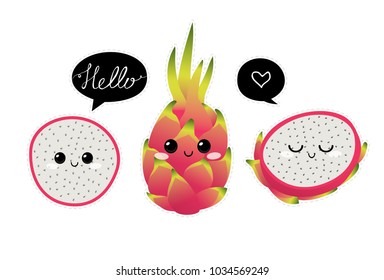 Dragon fruit. Cute  characters. Vector set  in cartoon style. Isolated tropical fruits.