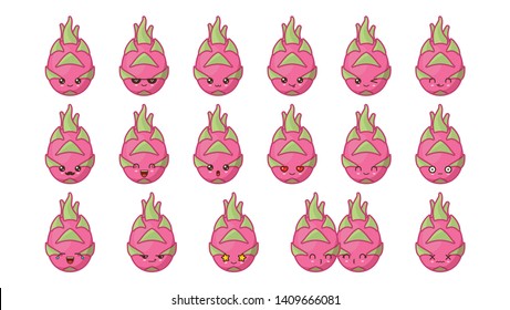 Dragon fruit cute kawaii mascot. Set kawaii food faces expressions smile emoticons. 