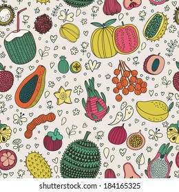 Dragon fruit, durian, longan, mangosteen, carambola, mango,  Tasty seamless pattern made of fruits in vector. Guava, annona, papaya, rambutan, tamarind, feijoa, litchi, kiwano, young coconut, passion