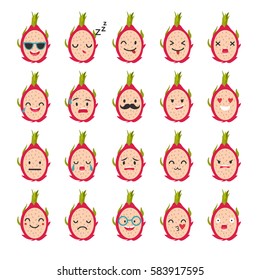 Dragon fruit emiji vector set. Tropical fruit character isolated on white background. Funny positive and friendly pitaya emoticon face icon