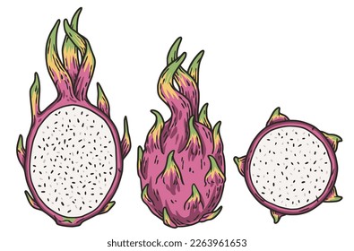 Dragon fruit, exotic fruit or eco element for vegetarian menu. Organic nature ingredient for food market.