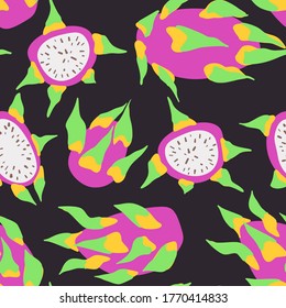 Dragon Fruit Exotic pattern. Vector seamless background made in funny doodle style. Clipart food elements. Hand painted elements.