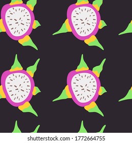Dragon Fruit Exotic pattern. Vector seamless background made in funny doodle style. Clipart food elements. Hand painted elements.