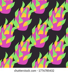 Dragon Fruit Exotic pattern. Vector seamless background made in funny doodle style. Clipart food elements. Hand painted elements.