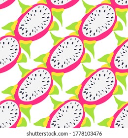 Dragon Fruit Exotic pattern. Vector seamless background made in funny doodle style. Clipart food elements. Hand painted elements.