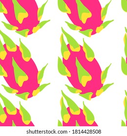 Dragon Fruit Exotic pattern. Vector seamless background made in funny doodle style. Clipart food elements. Hand painted elements.
