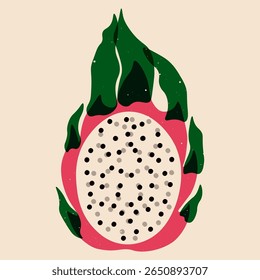 Fruta do dragão. Fruta pitaya exótica cortada ao meio, fruta pitahaya rosa tropical fresca com escamas verdes, comida orgânica para design de pacotes, tecido, têxtil, estampas de arte. Ilustração de risografia vetorial.