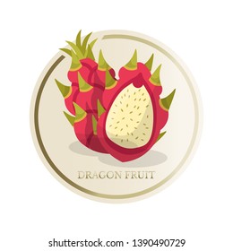 Dragon fruit flat circle sticker. Sliced tropical exotic fruit vector illustration. Eco, organic homemade juice, jam patch. Fresh healthy vitamins rich food. Summer cocktails ingredient