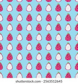 Dragon fruit flat seamless pattern on blue background. Wrapping paper, gift card, poster, banner design. Home decor, modern textile print. Summer bright geometric fruits patterned.