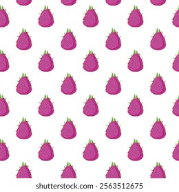 Dragon fruit flat seamless pattern on white background. Wrapping paper, gift card, poster, banner design. Home decor, modern textile print. Summer bright geometric fruits patterned.