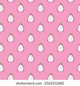 Dragon fruit flat seamless pattern on pink background. Wrapping paper, gift card, poster, banner design. Home decor, modern textile print. Summer bright geometric fruits patterned.