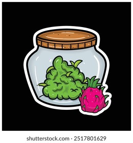 Dragon Fruit Fruit Flavor With Cartoon Mascot of Weed Bud On Jar. For Sticker and label. Vector and Illustration.