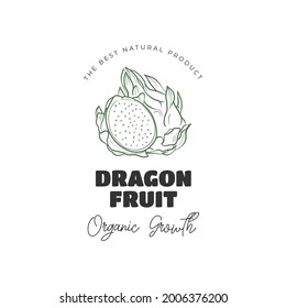 Drachenfrucht-Logo-Vorlage. Handgezeichnete Illustrationen für Restaurant, Bar, veganische, gesunde und ökologische Lebensmittel, Markt, Bauernmarkt, Kochschule, LKW, Lieferservice.
