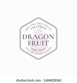 Dragon Fruit Frame Badge or Logo Template. Hand Drawn Exotic Dragonfruit Sketch with Retro Typography and Borders. Vintage Premium Emblem. Isolated.