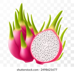 Dragon fruit. Fresh ripe Pitaya, cut pitahaya with white flesh and black seeds. Exotic dragon fruit isolated on transparent background. Summer tropical vitamin food. Realistic 3d vector illustration