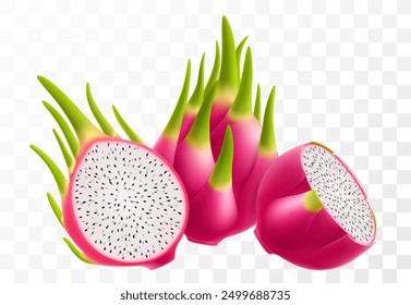 Dragon fruit. Fresh ripe Pitaya, cut pitahaya with white flesh and black seeds. Exotic dragon fruit isolated on transparent background. Summer tropical vitamin food. Realistic 3d vector illustration
