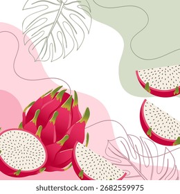 Fundo de frutas de dragão. Composição dos frutos da pitaya com formas e folhas orgânicas. Fundo de frutas tropicais.