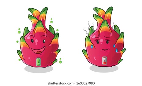 Dragon fruit full battery good mod and low battery bad mod cartoon. cute chibi cartoon mascot vector