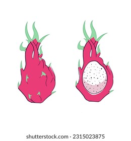 Fruta del dragón. La mitad de la fruta cortada. Ripe exótico. Ilustración vectorial aislada sobre fondo blancoFruta Dragón. La mitad de la fruta cortada. Ripe exótico. Ilustración vectorial aislada sobre fondo blanco
