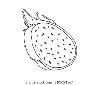 Dragon fruit. Half of dragon fruit. Set of vegetables and fruits, line drawing, black outline, contour.