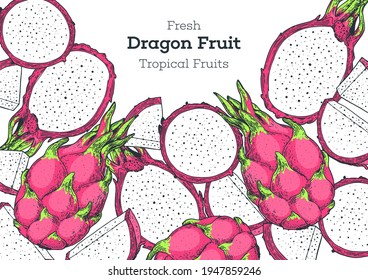 Dragon fruit hand drawn package design. Vector illustration.  Design, package, brochure illustration. Vintage retro design. Pitaya frame illustration. Can used for packaging design. Colorful.