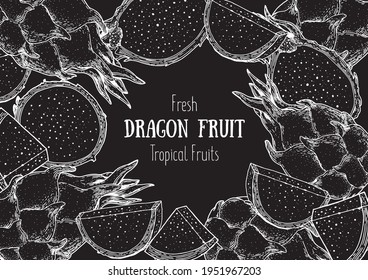 Diseño del paquete dibujado a mano con fruta dragón. Ilustración vectorial. Esbozo para diseño, ilustración de folleto. Diseño retro vintage. Ilustración del marco de Pitaya. Se puede usar para el diseño del embalaje.