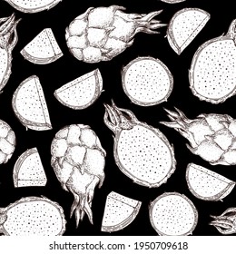 Dragon fruit hand drawn sketch, package design. Seamless pattern. Vector illustration. Design, fabric, brochure illustration. Vintage retro design. Pitaya pattern. Can used for packaging design.