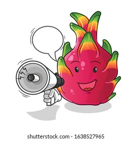 Dragon fruit holding handy loudspeaker with bubble cartoon. cute chibi cartoon mascot vector