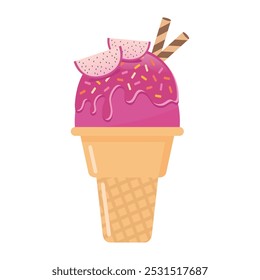 Dragon fruit ice cream cone with wafer rolls vector illustration. Fresh fruit and sweet dessert.