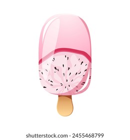 Dragon fruit ice cream, fruit popsicle on a wooden stick with pitahaya pieces. Summer cold dessert, frozen juice, fruit ice. Vector illustration.