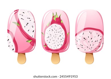 Dragon fruit ice cream, fruit popsicle on a wooden stick with pitahaya pieces. Summer cold dessert, frozen juice, fruit ice. Vector illustration.