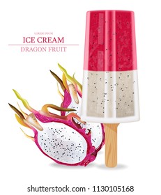 Dragon fruit ice cream Vector realistic. Product packaging mock up. Label menu dessert designs