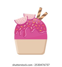 Dragon fruit ice cream with wafer rolls vector illustration. Fresh fruit and sweet dessert.