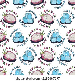 Dragon fruit   Ice  Seamless pattern white background  Cute vector illustration 