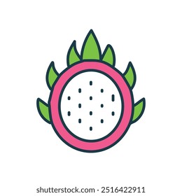 Ícone do fruto do dragão. Uma ilustração simples de um fruto de dragão com pele rosa e folhas verdes, representando frutas tropicais exóticas e alimentação saudável.
