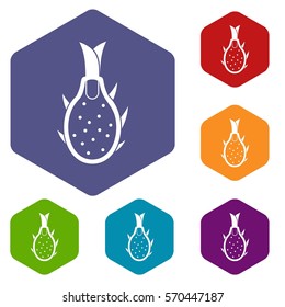 Dragon fruit icons set rhombus in different colors isolated on white background