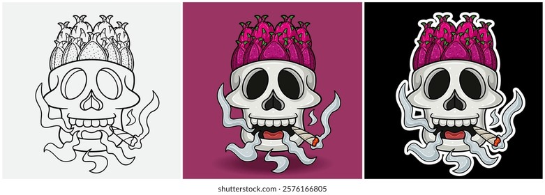 Dragon Fruit Inside Skull Head With Smoking Character Cartoon. Black White, Colorful and Sticker Style. For T shirt print, Brand Logo, Label and Mascot product. Vectors Illustrations