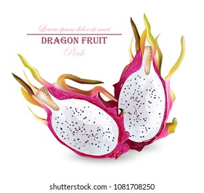 Dragon fruit isolated Vector realistic. Summer tropic pitaya healthy fruits