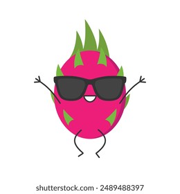 Dragon fruit jumping greeting cute character cartoon pitahaya juicy sweet smiling face cheerful kawaii joy happy emotions icon vector illustration.