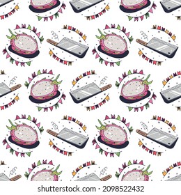 Dragon fruit and kitchen cleaver. Seamless pattern on a white background. Cute vector illustration.