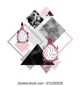 Dragon fruit and marble rose background in trendy minimalist geometric style with stone, foil, glitter, metallic textures, triangles, template for poster, invitation, wallpaper