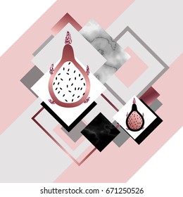 Dragon fruit and marble rose background in trendy minimalist geometric style with stone, foil, glitter, metallic textures, triangles, template for poster, invitation, wallpaper