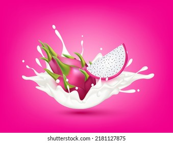 Dragon fruit milk yogurt splashing isolated on pink background. Health concept. Realistic 3d vector illustration. Can used for product design advertising beverage and food products.