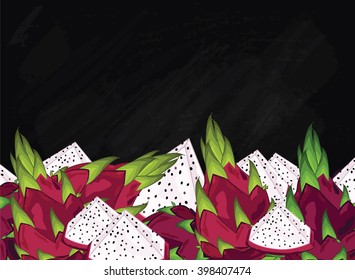 Dragon fruit on chalkboard background. Dragon fruit composition, plants and leaves. Organic food. Summer fruit. Fruit background for packaging design.
