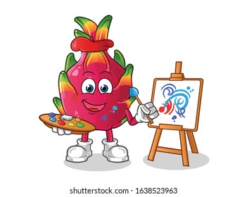 Dragon fruit painting cartoon. artists and painters cartoon mascot vector