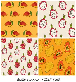 Dragon fruit, papaya and mango pattern, vector Illustration. Exotic fruit. Hand-drawn style